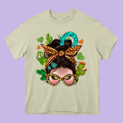 Western  Messy Bun With Cactus Heavy Core Tee Designed By Bundleandbundleshop