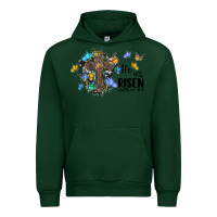 Forest Green he is risen matthew 28 6 cross with butterflies cowhide background Urban Hoodie - BarkalooDesign
