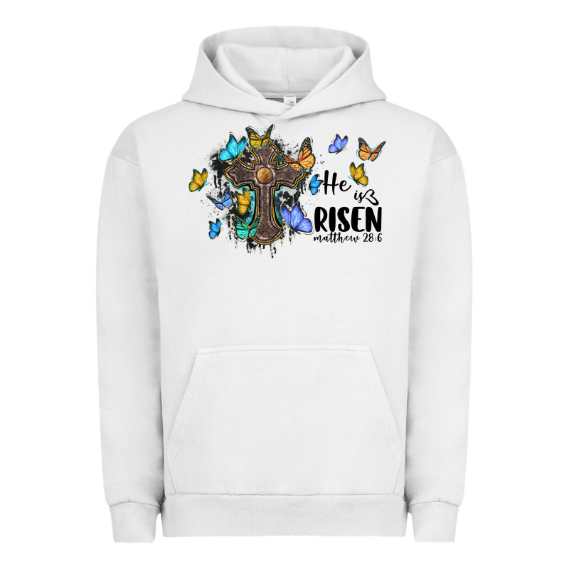 He Is Risen Matthew 28 6 Cross With Butterflies Cowhide Background Urban Hoodie by BarkalooDesign | Teevron