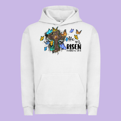 He Is Risen Matthew 28 6 Cross With Butterflies Cowhide Background Urban Hoodie Designed By Barkaloodesign