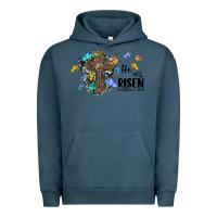 Pigment Midnight Navy he is risen matthew 28 6 cross with butterflies cowhide background Urban Hoodie - BarkalooDesign