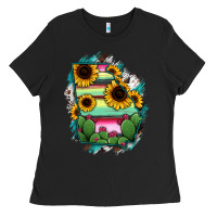 Black Georgia Map Sunflower Cactus Serape Ladies Tee - RanaPortraitStore