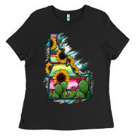 Black Idaho Map Sunflower Cactus Serape Ladies Tee - RanaPortraitStore