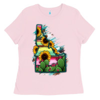 Bubblegum Pink Idaho Map Sunflower Cactus Serape Ladies Tee - RanaPortraitStore