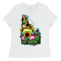 White Idaho Map Sunflower Cactus Serape Ladies Tee - RanaPortraitStore