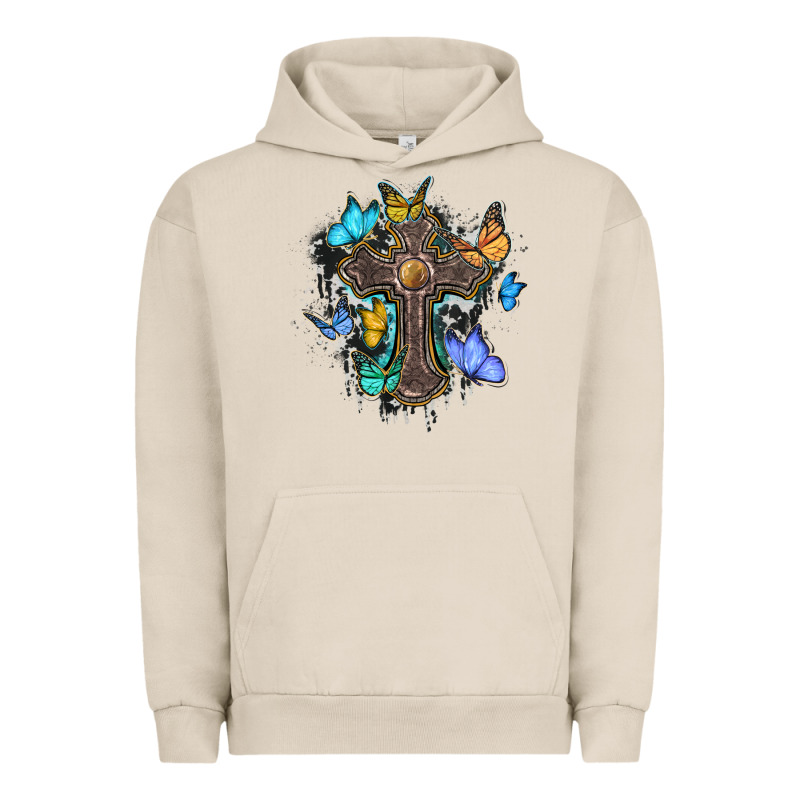 Cross With Butterflies Cowhide Background Urban Hoodie by BarkalooDesign | Teevron