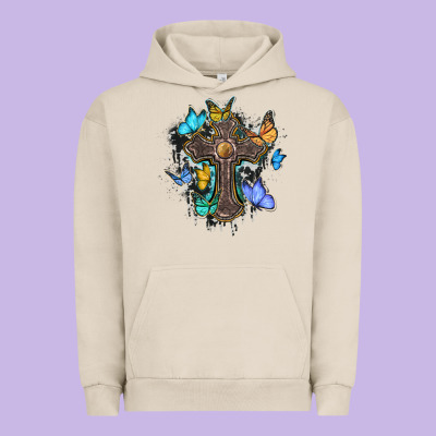 Cross With Butterflies Cowhide Background Urban Hoodie Designed By Barkaloodesign
