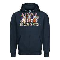 Navy Happy Easter Spot Rabbit Zipper Hoodie - CowhideDigitalArt