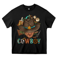 Black Western Cowboy Portrait With Cactus Heavy Core Tee - BundleAndBundleShop