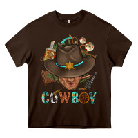 Chocolate Brown Western Cowboy Portrait With Cactus Heavy Core Tee - BundleAndBundleShop