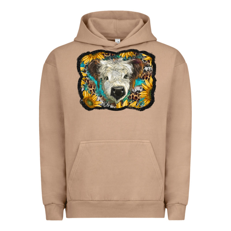 White Scottish Calf With Sunflowers Western  Background Urban Hoodie by BarkalooDesign | Teevron