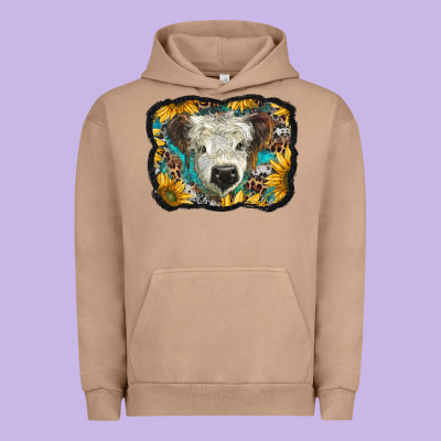 White Scottish Calf With Sunflowers Western  Background Urban Hoodie Designed By Barkaloodesign