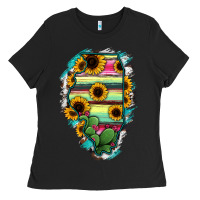 Black Illinois Map Sunflower Cactus Serape Ladies Tee - RanaPortraitStore