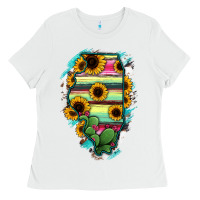 White Illinois Map Sunflower Cactus Serape Ladies Tee - RanaPortraitStore