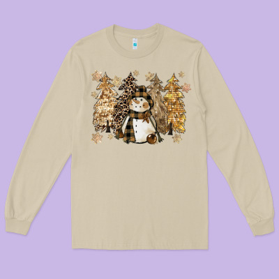Snowman With Christmas Trees 11inches Long Sleeve Tee Designed By Cowgirlartshop