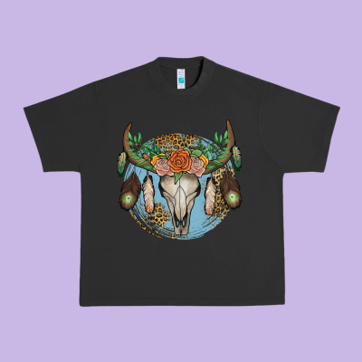 Floral Feather Bull Skull Urban Heavy Tee Designed By Jahusdesignshop
