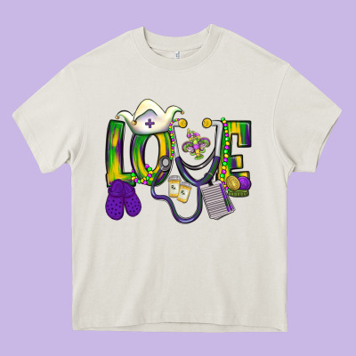 Mardi Gras Love Nurse Heavy Core Tee Designed By Bundleandbundleshop