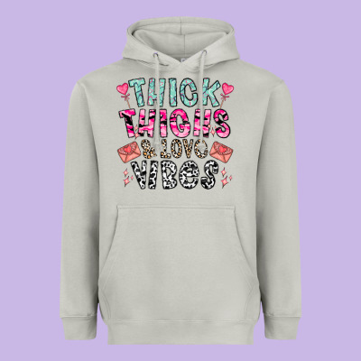 Thick Thighs And Love Vibes Heavyweight Hoodie Designed By Cowhidedigitalart