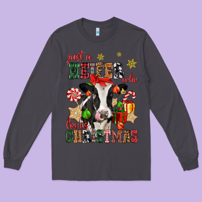 Just A Heifer Who Loves Christmas Cow Long Sleeve Tee Designed By Cowgirlartshop