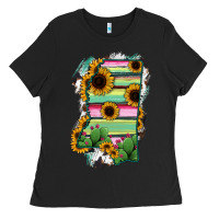 Black Mississippi Map Sunflower Cactus Serape Ladies Tee - RanaPortraitStore