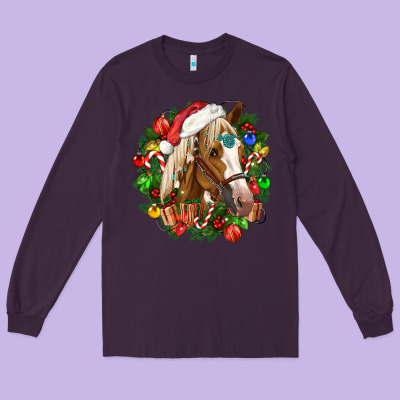 Horse Christmas Wreath Long Sleeve Tee Designed By Cowgirlartshop