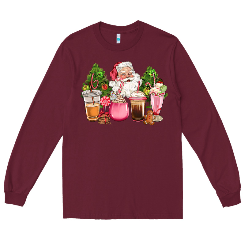 Pink Christmas Santa Coffe Cups Long Sleeve Tee by CowGirlArtShop | Teevron
