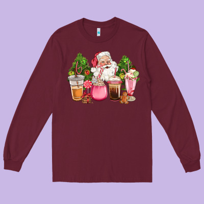 Pink Christmas Santa Coffe Cups Long Sleeve Tee Designed By Cowgirlartshop