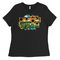 Black Montana Map Sunflower Cactus Serape Ladies Tee - RanaPortraitStore
