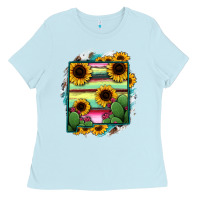Baby Blue New Mexico Map Sunflower Cactus Serape Ladies Tee - RanaPortraitStore