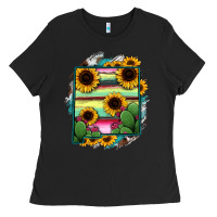 Black New Mexico Map Sunflower Cactus Serape Ladies Tee - RanaPortraitStore