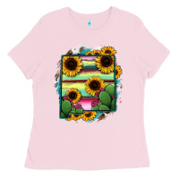 Bubblegum Pink New Mexico Map Sunflower Cactus Serape Ladies Tee - RanaPortraitStore