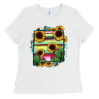 White New Mexico Map Sunflower Cactus Serape Ladies Tee - RanaPortraitStore