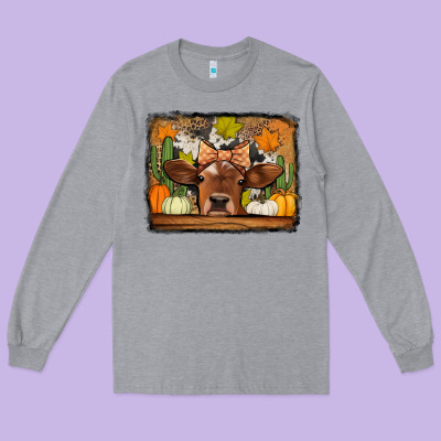 Fall Cow Long Sleeve Tee Designed By Jasminsmagicworld