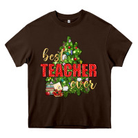 Chocolate Brown Best Teacher Ever With Christmas Tree Heavy Core Tee - BundleAndBundleShop