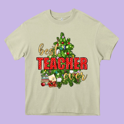Best Teacher Ever With Christmas Tree Heavy Core Tee Designed By Bundleandbundleshop