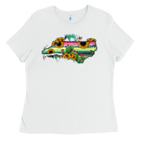White North Carolina Map Sunflower Cactus Serape Ladies Tee - RanaPortraitStore