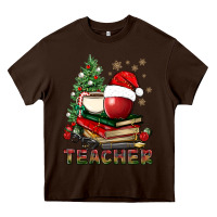 Chocolate Brown Teacher With Christmas Tree Heavy Core Tee - BundleAndBundleShop