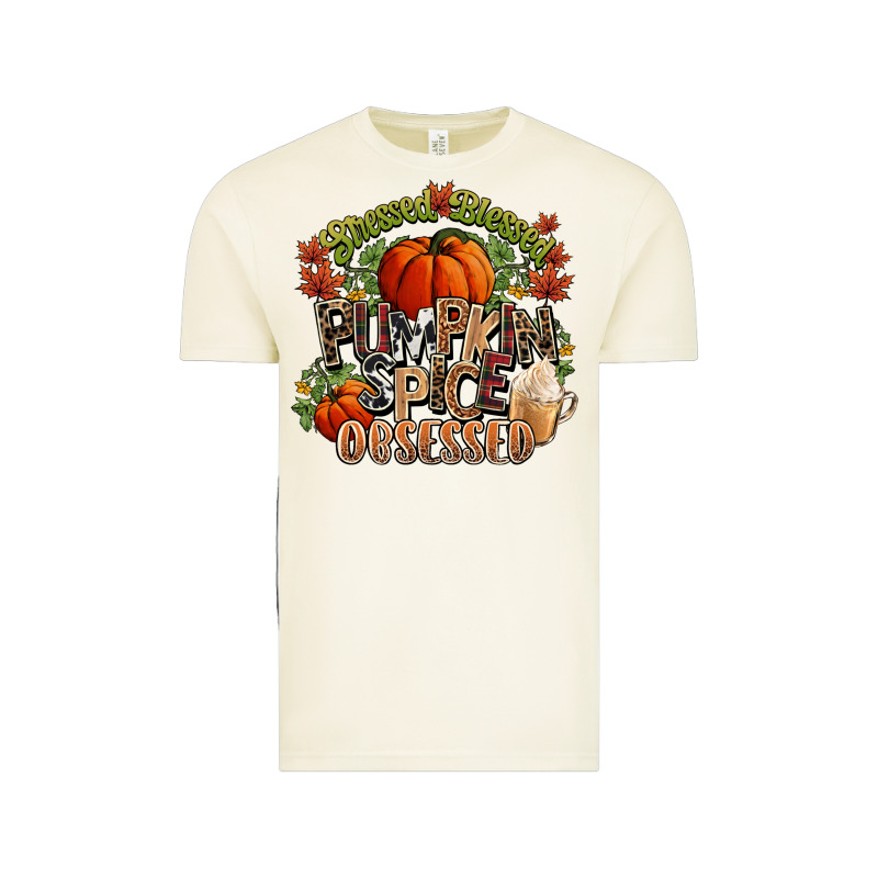 Stressed Blessed Pumpkin Spice Obsessed Fall Vintage Tee by NancyCooperArtShop | Teevron