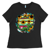 Black Ohio Map Sunflower Cactus Serape Ladies Tee - RanaPortraitStore