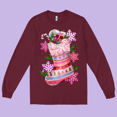 Pink Christmas Socks Long Sleeve Tee Designed By Cowgirlartshop
