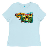 Baby Blue Oklahoma Map Sunflower Cactus Serape Ladies Tee - RanaPortraitStore
