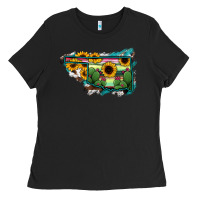 Black Oklahoma Map Sunflower Cactus Serape Ladies Tee - RanaPortraitStore