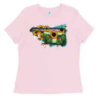 Bubblegum Pink Oklahoma Map Sunflower Cactus Serape Ladies Tee - RanaPortraitStore