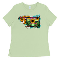 Matcha Oklahoma Map Sunflower Cactus Serape Ladies Tee - RanaPortraitStore
