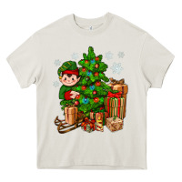 Cream Christmas Elf With Gift Heavy Core Tee - BundleAndBundleShop