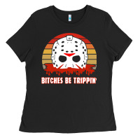 Black Halloween Bitches Be Trippin Jason Mask Ladies Tee - lanVoArt