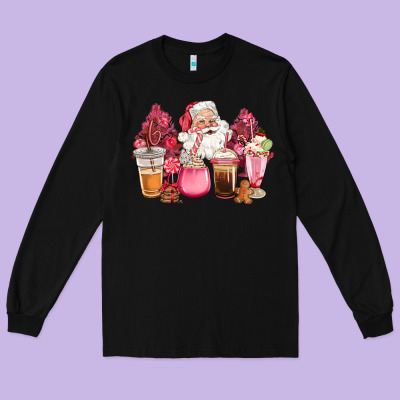 Pink Christmas Pink Tree Santa Coffe Cups Long Sleeve Tee Designed By Cowgirlartshop