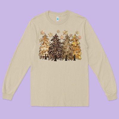 Merry Christmas Leopard Trees Long Sleeve Tee Designed By Cowgirlartshop