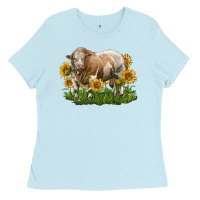 Baby Blue simmental bull with sunflowers Ladies Tee - LillyAllenDesigns