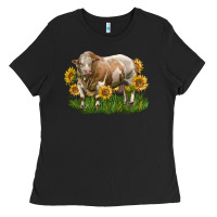 Black simmental bull with sunflowers Ladies Tee - LillyAllenDesigns